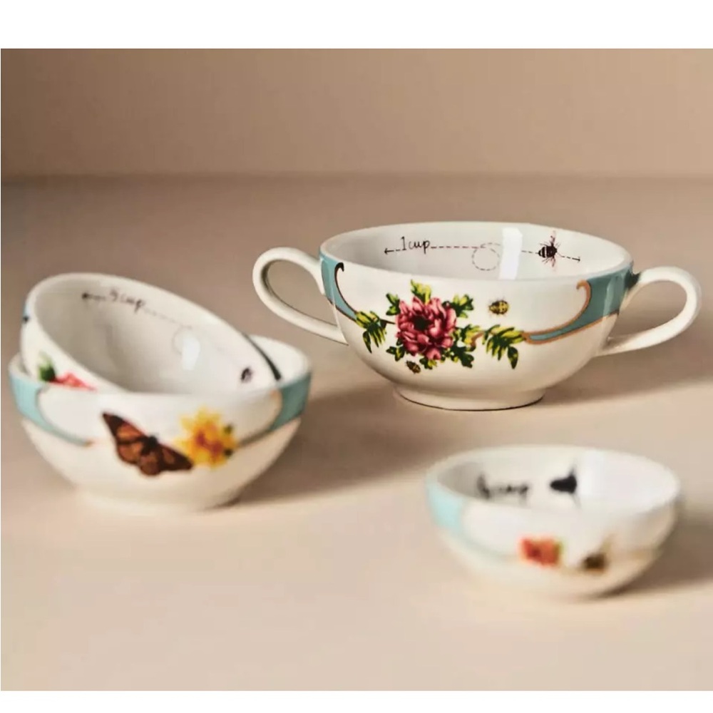 ANTHROPOLOGIE SET OF 4 LOU ROTA MOTHER NATURE MEASURING CUPS BUTTERFLY BIRDS - Picture 2 of 7